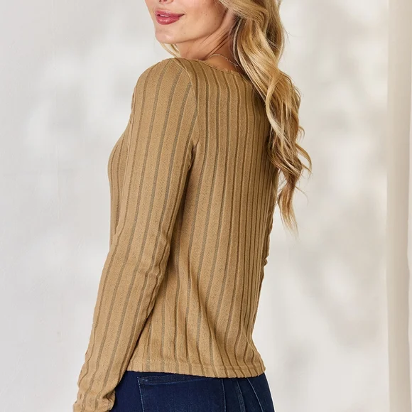 Tan Ribbed Long Sleeve Full Size Top - Picture 7 of 14